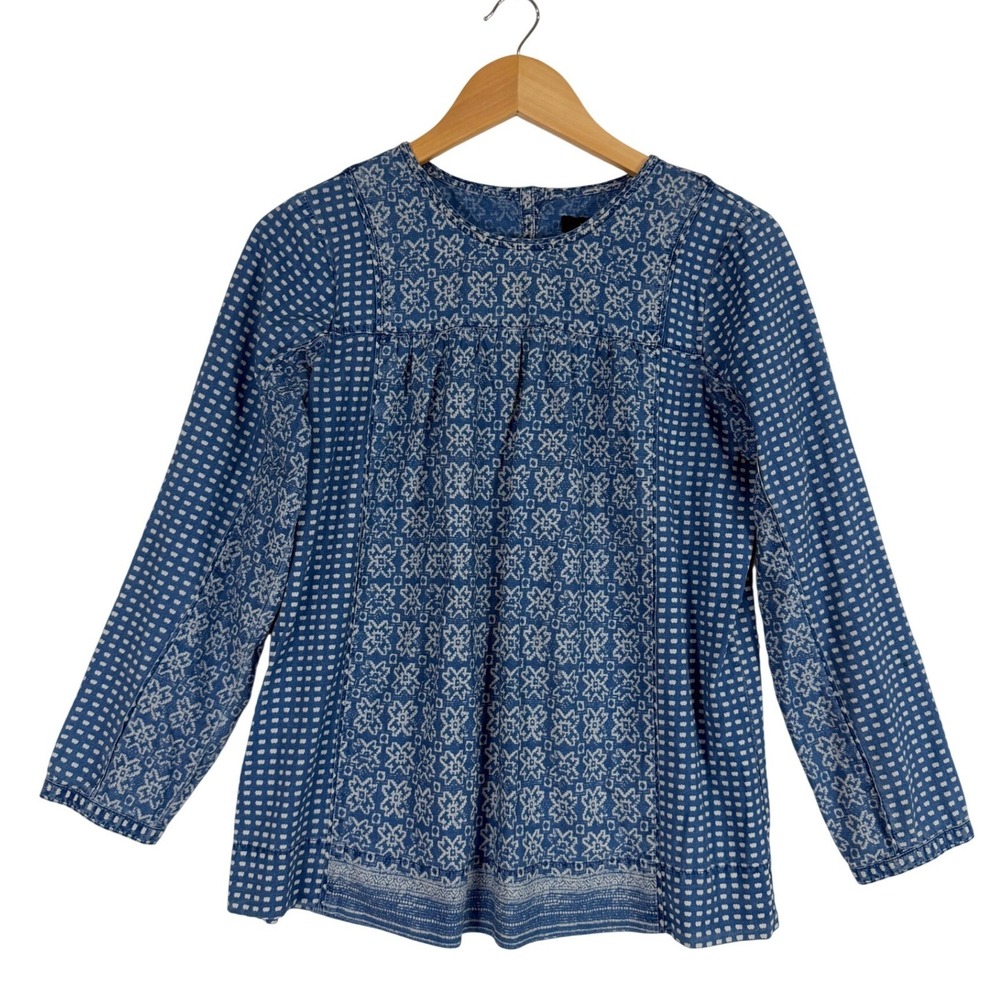 J.Crew Blouse Womens 6 Blue Indigo Mixed Print Cotton Long Sleeve A2081